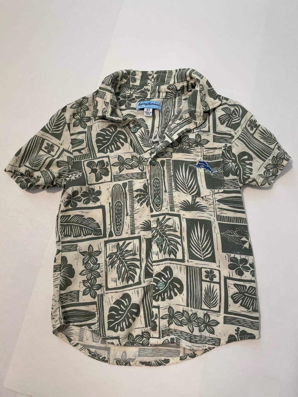 Tommy Bahama Boy Green Tropical Print Toddler 3T Button Down Shirt Surfer Hawaii